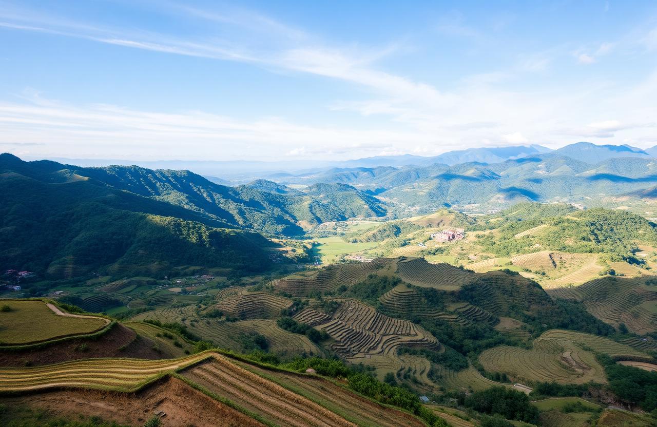 Terraced rice fields and mountain ridges in rural Japan