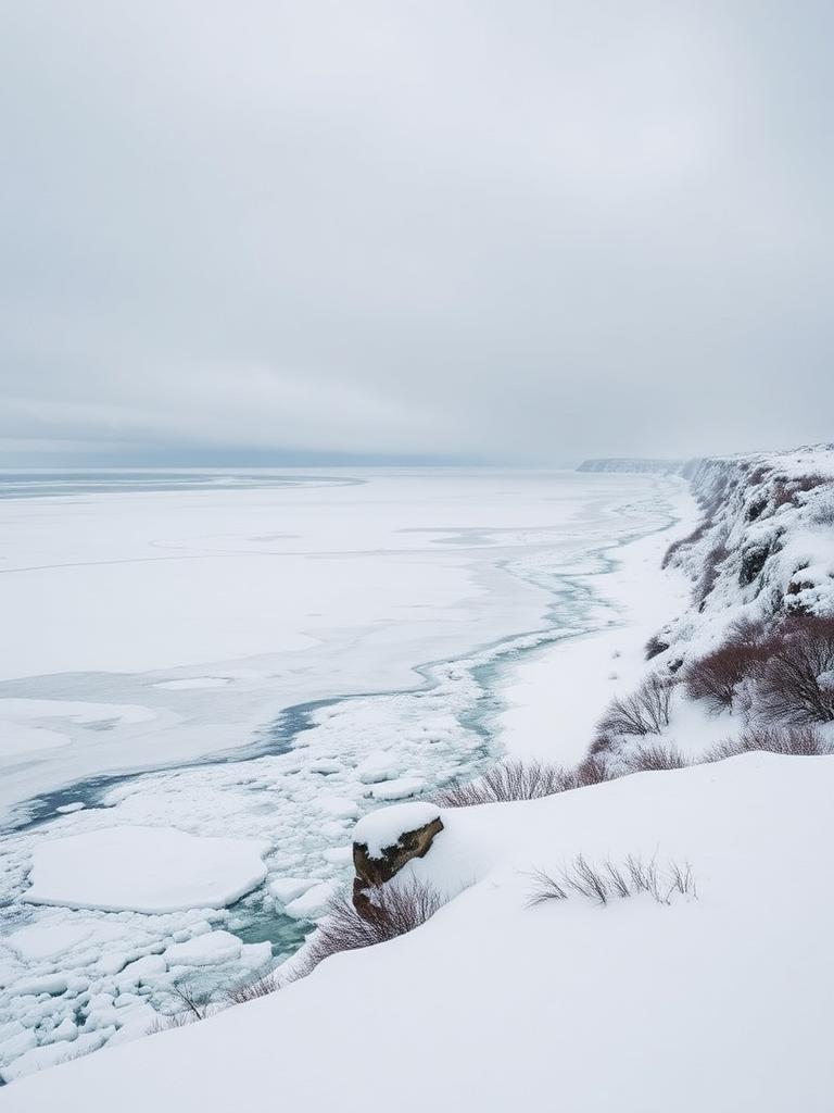 Drift ice along a snow-covered Hokkaido coastline