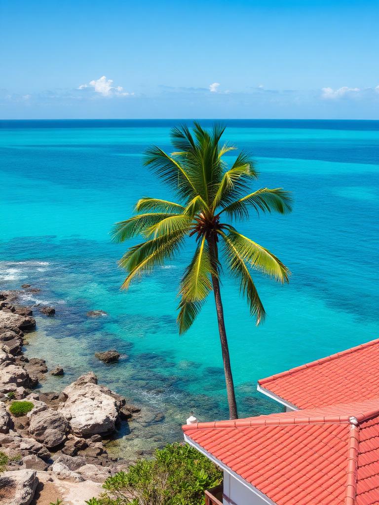 Turquoise Okinawan coastline with a red tile roof house