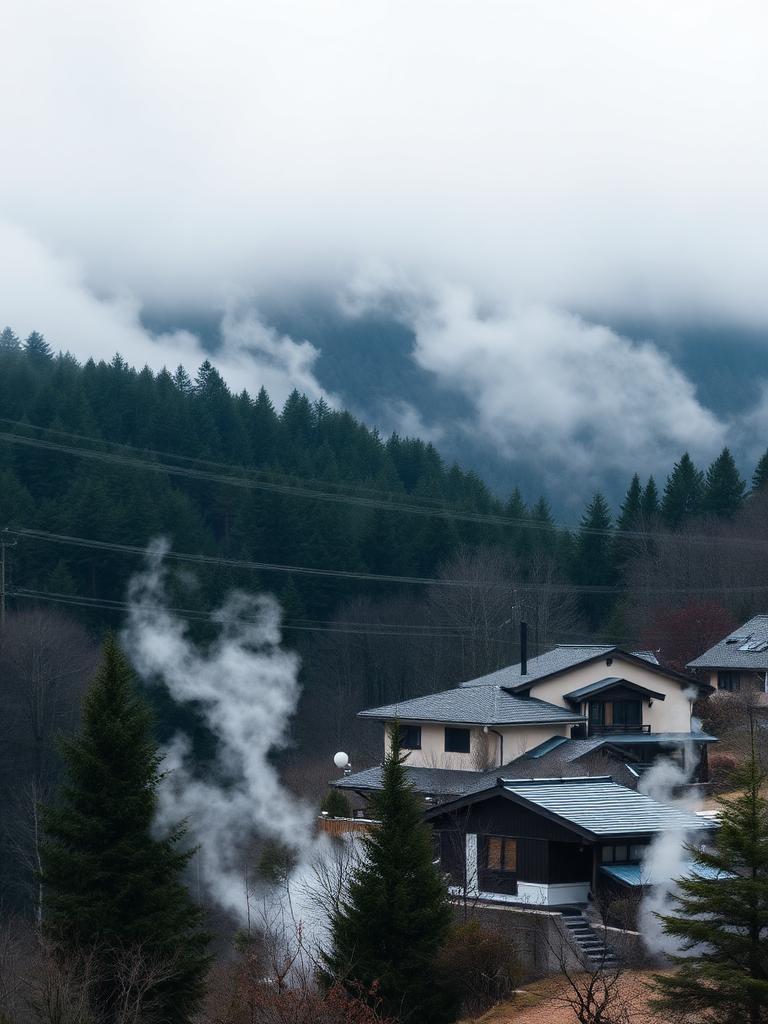 Steam rising from an onsen village in the Tohoku mountains